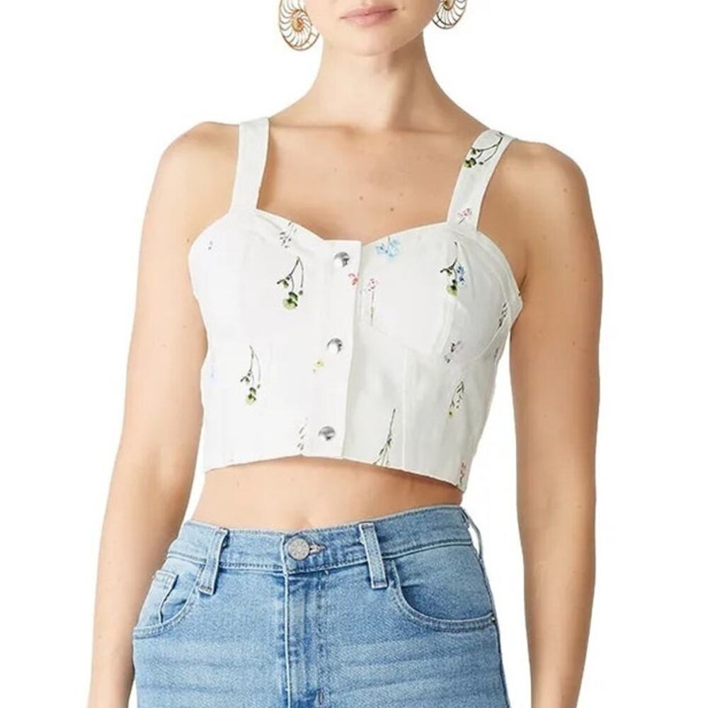 Parker Ivan Crop Top Floral Denim Sleeveless Sweetheart Neck Bustier White M